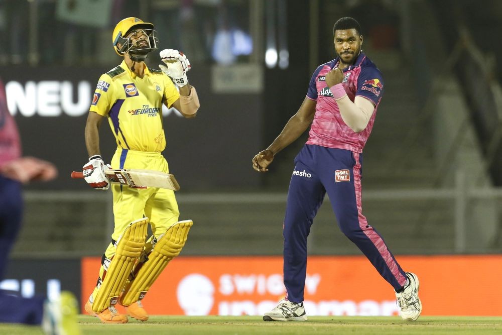 Mumbai: Obed Mccoy of Rajasthan Royals celebrates the wicket of N. Jagadeesan of the Chennai Super Kings during T20 cricket match 68 of the Indian Premier League 2022 (IPL season 15), between Rajasthan Royals and Chennai Super Kings, at the Brabourne Stadium (CCI) in Mumbai, Friday, May 20, 2022. (Sportzpics for IPL/PTI Photo)