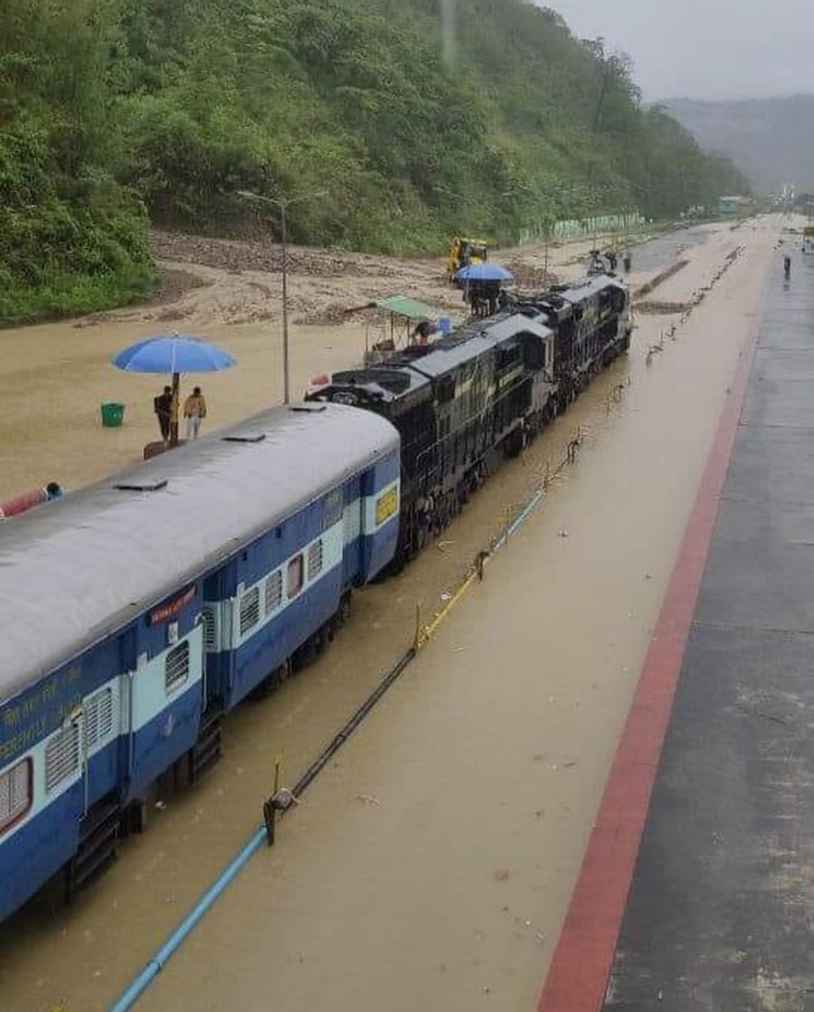 **EDS: BEST QUALITY AVAILABLE** Dima Hasao: In this photo taken between May 12 and May 14, a train stranded due to flood in the railway tracks due to heavy rainfall in the Dima Hasao district. At least three people were killed in landslides in Dima Hasao district of Assam, an official said on Sunday, May 15, 2022. (PTI Photo)