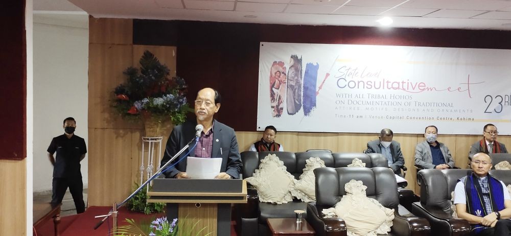 Nagaland Chief Minister, Neiphiu Rio speaking at the state level consultative meet on ‘documentation of traditional attires, motifs, designs and ornaments’ in Kohima on May 23.