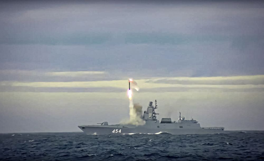 In this image taken from video released by Russian Defense Ministry Press Service on Saturday, May 28, 2022, a new Zircon hypersonic cruise missile is launched by the frigate Admiral Gorshkov of the Russian navy from the Barents Sea. Russia's Defense Ministry said the Russian navy successfully launched a new hypersonic missile from the Barents Sea. The ministry said the recently developed Zircon hypersonic cruise missile had struck its target about 1,000 kilometers away. (AP/PTI)