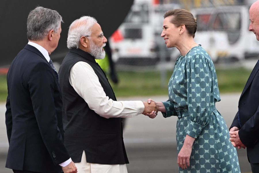 Copenhagen: Denmark's Prime Minister Mette Frederiksen, right, welcomes Indian Prime Minister Narendra Modi upon his arrival at Copenhagen Airport, Denmark, Tuesday, May 3, 2022. The Prime Minister of India Modi is on a two-day visit to Denmark. AP/PTI