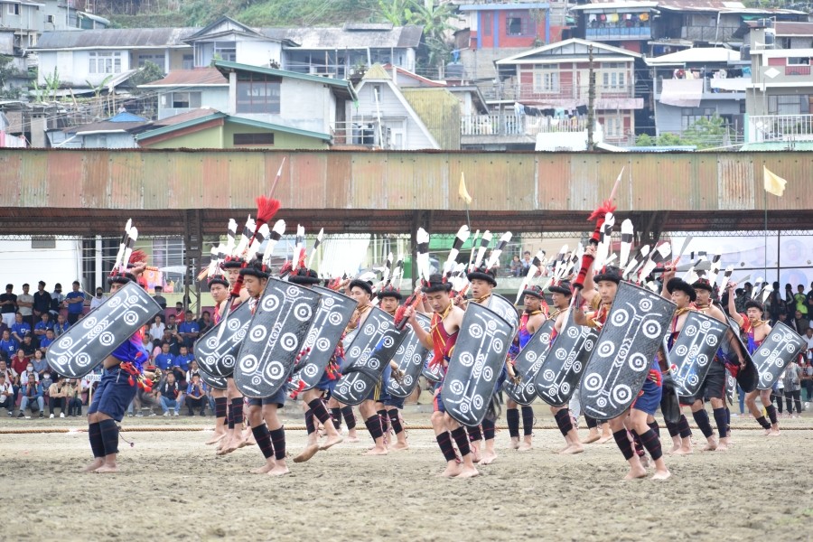 A cultural troupe performs during the Moatsü festival organized by the Ao Senden at Imkongmeren sports Complex, Mokokchung on May 3. (Morung Photo)