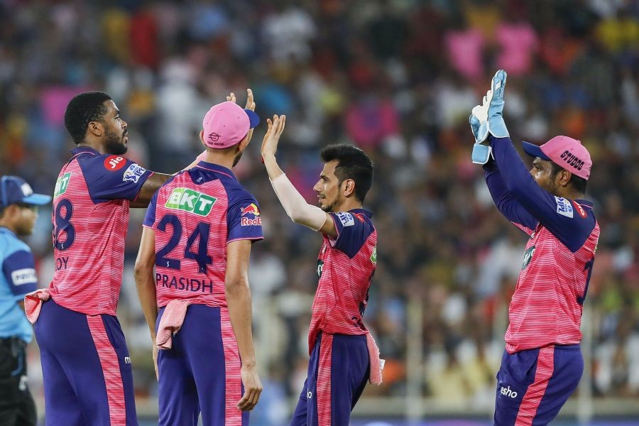 Ahmedabad: Obed Mccoy of Rajasthan Royals celebrates with teammates after taking a wicket during the Indian Premier League 2022 Qualifier 2 cricket match between Rajasthan Royals and Royal Challengers Bangalore, at the Narendra Modi Stadium, Ahmedabad, Friday, May 27, 2022. (PTI Photo/Sportzpics)