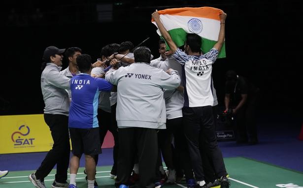 India’s team celebrate after win in the semifinal of the Thomas Cup, in Bangkok. | Photo Credit: AP