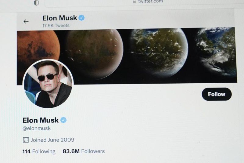 Part of the Twitter page of Elon Musk is seen on the screen of a computer in Sausalito, Calif., on April 25, 2022. The Tesla CEO gave the strongest hint yet Monday, May 16, 2022, that he would like to pay less for Twitter than his $44 billion offer made the previous month. (AP File  Photo)