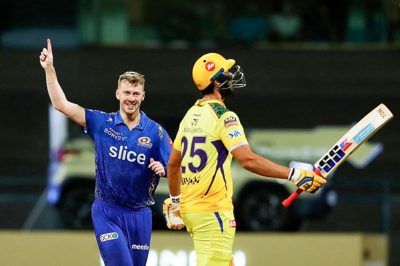 Mumbai: Riley Meredith of Mumbai Indians celebrates the wicket of Shivam Dube of Chennai Super Kings during the 59th T20 cricket match of the Indian Premier League 2022 (IPL season 15), between the Chennai Super Kings and the Mumbai Indians, at Wankhede Stadium in Mumbai, Thursday, May 12, 2022. (Sportzpics for IPL/PTI Photo)