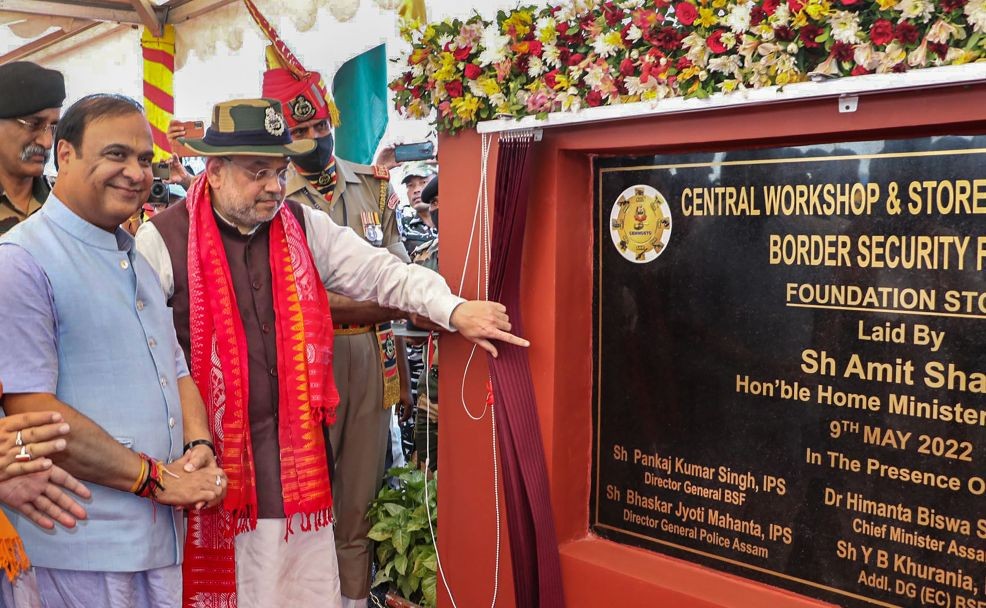 Tamulpur: Union Home Minister Amit Shah with Assam Chief Minister Himanta Biswa Sarma during the 'bhumi pujan' and foundation stone laying ceremony of BSF Central Workshop and Store, in Tamulpur, Monday, May 9, 2022. (PTI Photo)(