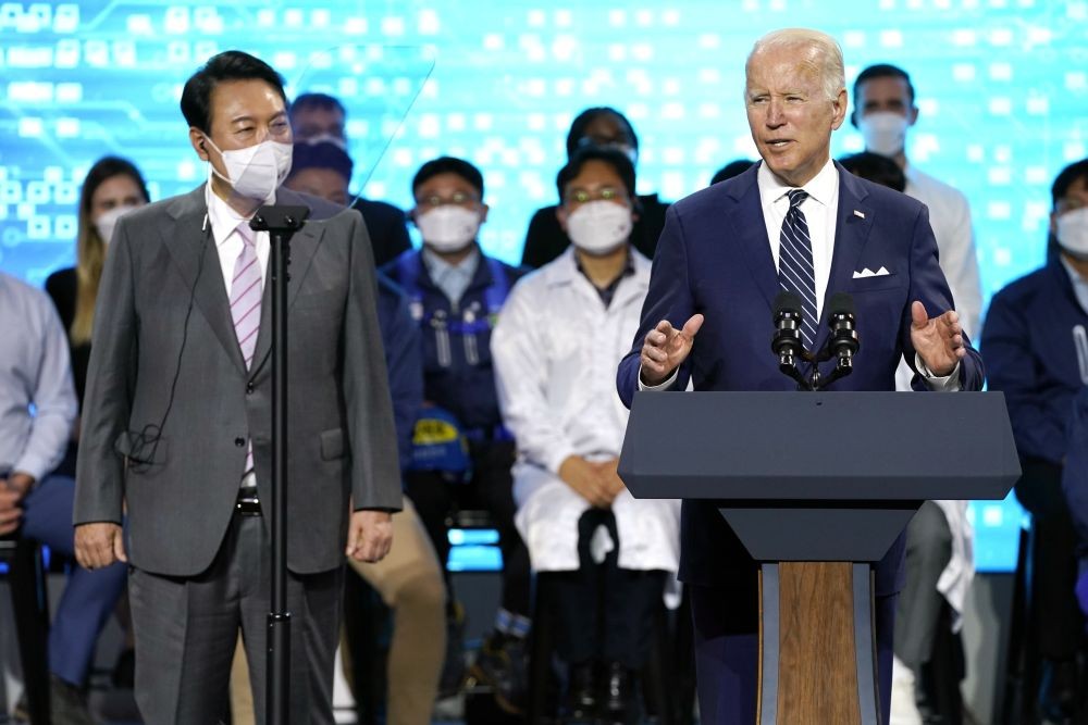 President Joe Biden delivers remarks with South Korean President Yoon Suk Yeol as they visit the Samsung Electronics Pyeongtaek campus, Friday, May 20, 2022, in Pyeongtaek, South Korea. AP/PTI