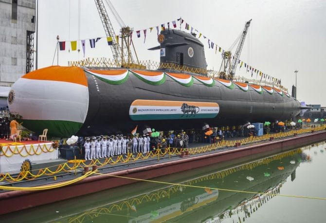 INS Vagsheer, the sixth and last Scorpene Submarine under Project-75, was launched in Mumbai on April 20, 2022. Photograph: Kunal Patil/PTI Photo