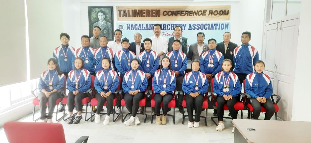 Members of NAA a along with Archers along with archers and coaches during the felicitation programme at NOA complex on May 28.