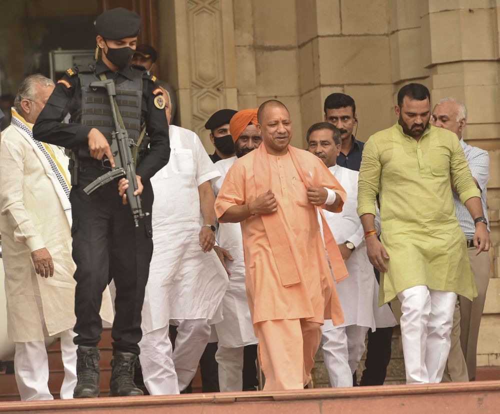 Lucknow: Uttar Pradesh Chief Minister Yogi Adityanath arrives to pay tribute to former prime minister Chaudhary Charan Singh on his death anniverary, at Vidhan Bhawan in Lucknow, Sunday, May 29, 2022. (PTI Photo/Nand Kumar)