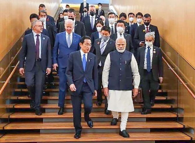 Prime Minister Narendra Modi, Prime Minister of Japan Fumio Kishida, US President Joe Biden, Prime Minister of Australia Anthony Albanese and other dignitaries at the venue of the Quad leaders’ summit, Tokyo, May 24, 2022. Photograph: PTI Photo
