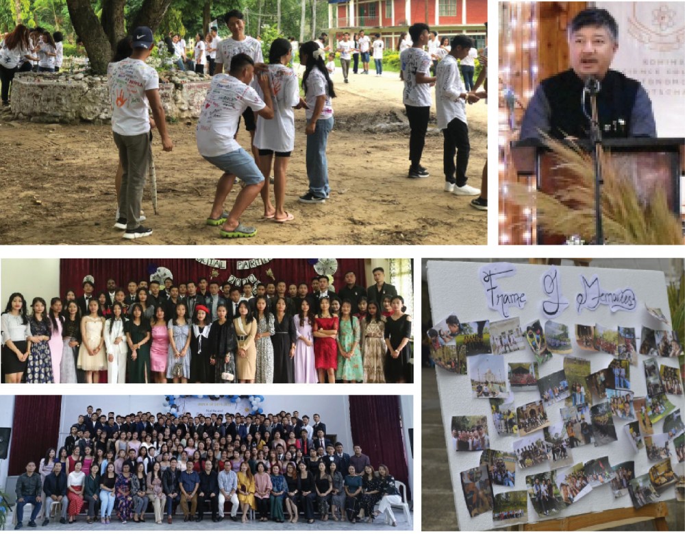 (Clockwise from top-left)- Students of the 2022 batch of Patkai Christian College (Autonomous) ‘paint’ signatures and wishes on their batchmates shirts during the "Annual Shirt Painting" held under the ‘Meliora’ (Better Things) inside the college campus on May 3. Though the batch faced many challenges and issues, including COVID-19 pandemic, they are graduating positively, so the theme, a student informed. “Despite all the difficulties we faced we'll graduate with positivity, looking forward for "Better Things!” (Morung Photo). Abu Metha addresses the 59th Parting Social of Kohima Science College (Autonomous), Jotsoma on April 30. (DIPR Photo). ‘Frame of Memories’ mounted during the valedictory programme for the outgoing batch of 2019-2022 St John College Dimapur, on April 30. (Photo: SJC). The final year students of Sazolie College pose for a group photo during the college’s 13th Parting Social held on April 30. (Photo: Sazolie College). The 2019-2022 batch of KROS College, Kohima, during its annual social parting programme held under the theme "Vintage" on April 30. (DIPR Photo).
