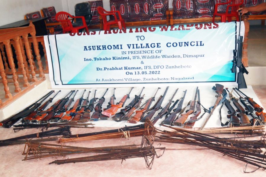 People voluntarily surrendered their hunting weapons during a programme at Asukhomi village in Zunheboto on May 13.