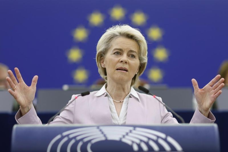 European Commission President Ursula von der Leyen delivers a speech during a debate on the conclusions of the European Council meeting of May 30-31 2022, Wednesday, June 8, 2022 in Strasbourg, eastern France. (AP Photo)