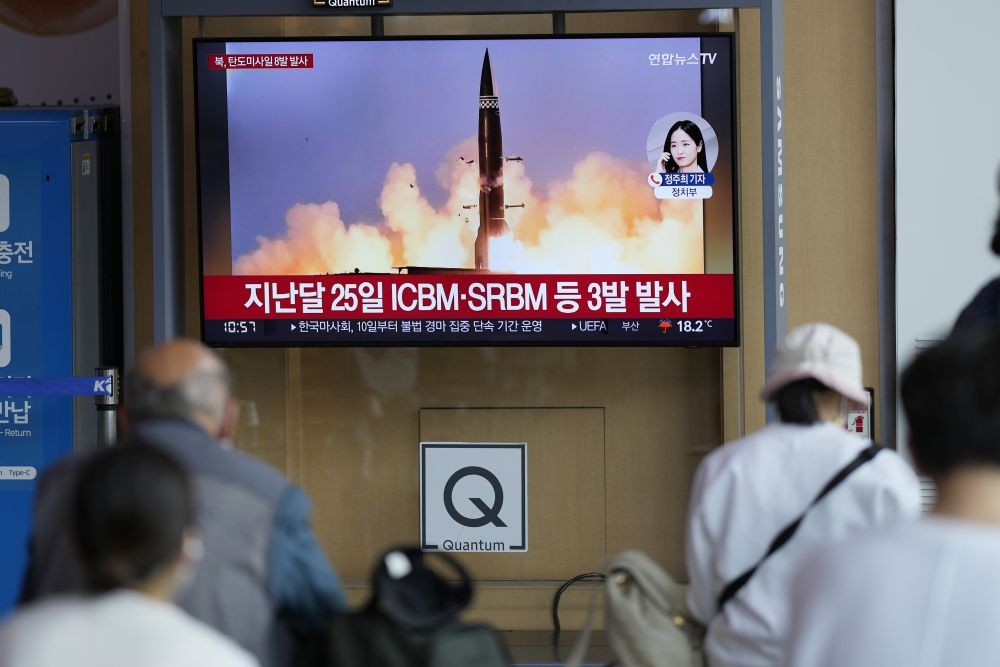 People watch a TV screen showing a news program reporting about North Korea's missile launch with file image, at a train station in Seoul, South Korea, Sunday, June 5, 2022. North Korea test-fired a salvo of multiple short-range ballistic missiles toward the sea on Sunday, South Korea's military said, extending a provocative streak in weapons demonstrations this year that U.S. and South Korean officials say may culminate with a nuclear test explosion. AP/PTI