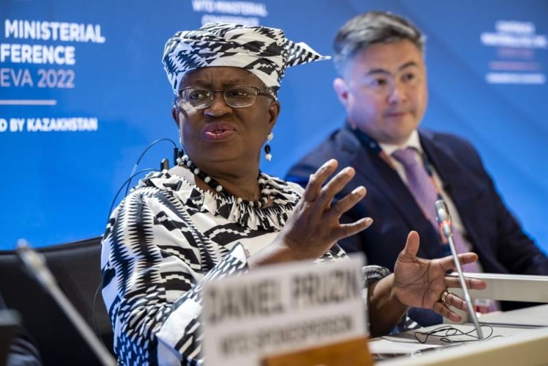 Director-General of the World Trade Organisation (WTO) Ngozi Okonjo-Iweala, left, and Timur Suleimenov, Chair of the 12th Ministerial Conference attend a press conference before the opening of the 12th Ministerial Conference at the headquarters of the World Trade Organization (WTO), in Geneva, Switzerland on June 12, 2022. For the first time in 4 1/2 years, after a pandemic pause, government ministers from WTO countries will gather for four days starting Sunday to tackle issues like overfishing of the seas, COVID-19 vaccines for the developing world and food security. (AP Photo)