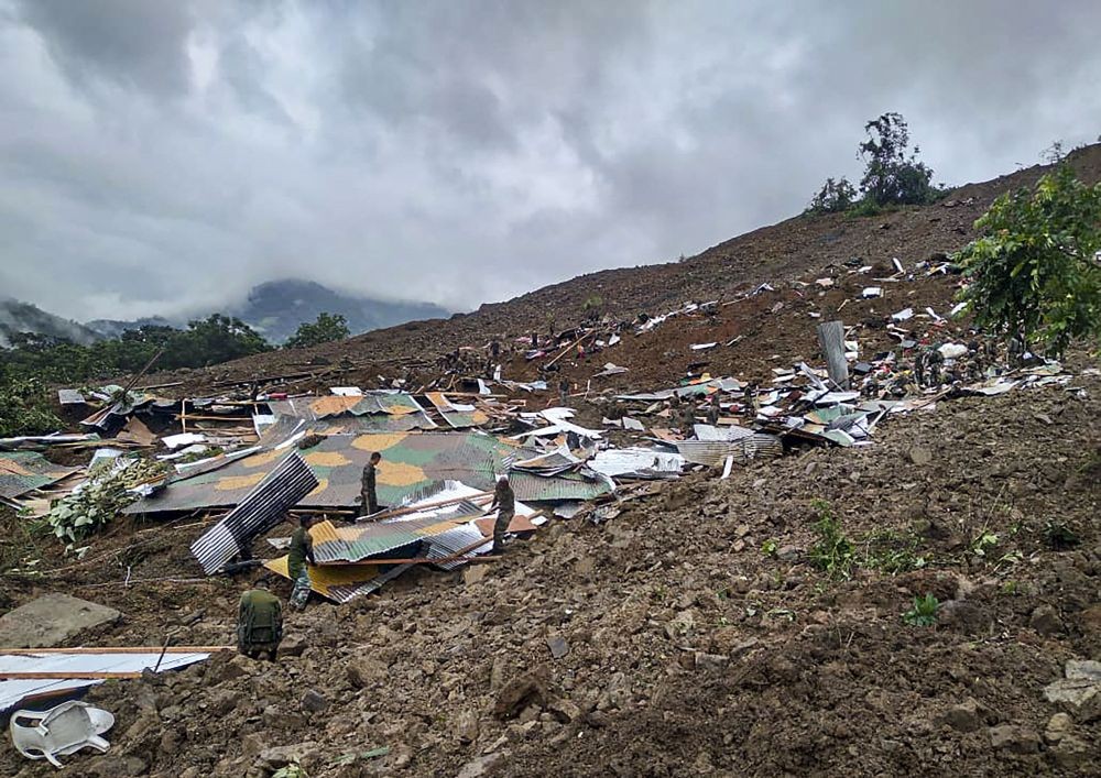 Noney: Rescue operations underway after a massive landslide hit the Tupul railway construction camp in Noney district of Manipur, Thursday, June 30, 2022. (PTI Photo)