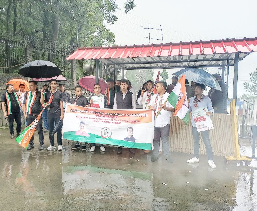 Nagaland Pradesh Youth Congress members protesting outside the Kohima Raj Bhavan on June 16. (Morung Photo)