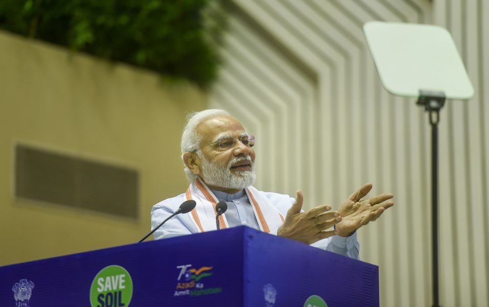 New Delhi: Prime Minister Narendra Modi  attends a programme on ‘Save Soil Movement’, on the occasion of World Environment Day, at Vigyan Bhawan in New Delhi, Sunday, June 5, 2022. (PTI Photo/Arun Sharma)