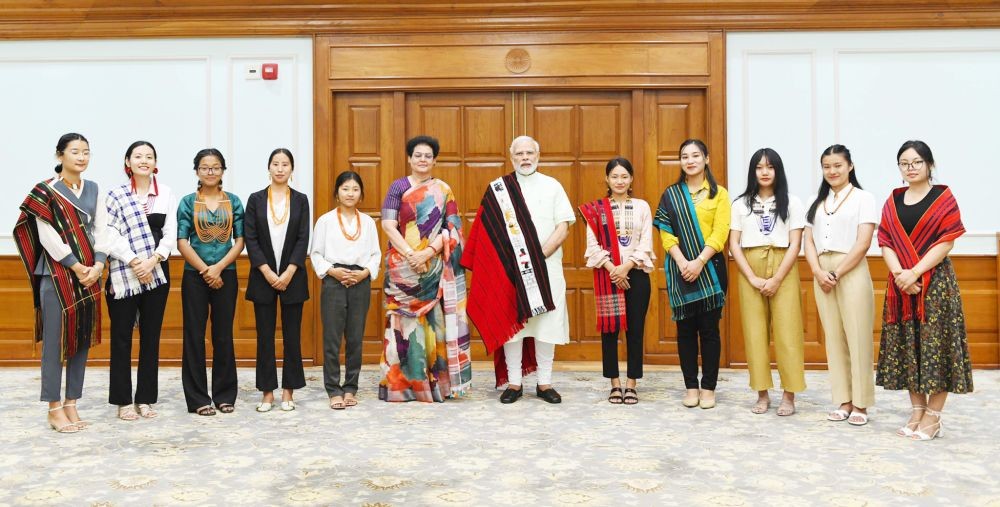 Indian Prime Minister Narendra Modi interacted with a delegation of women students from Nagaland in New Delhi as part of the Ek Bharat Shreshtha Bharat initiative on June 9. A press release from the PIB informed that the students discussed a wide variety of topics with the PM including his “vision for North-East, his experiences in Nagaland, importance of Yoga etc.” (Photo Courtesy: @narendramodi/Twitter) 