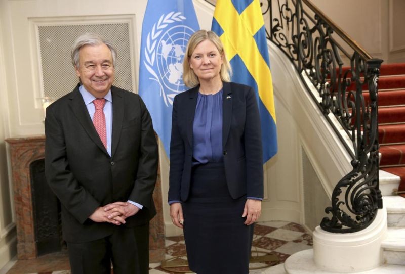Sweden's Prime Minister Magdalena Andersson, right, welcomes UN Secretary-General Antonio Guterres in Stockholm, Sweden on Wednesday June 1, 2022, ahead of their meeting. (AP Photo)