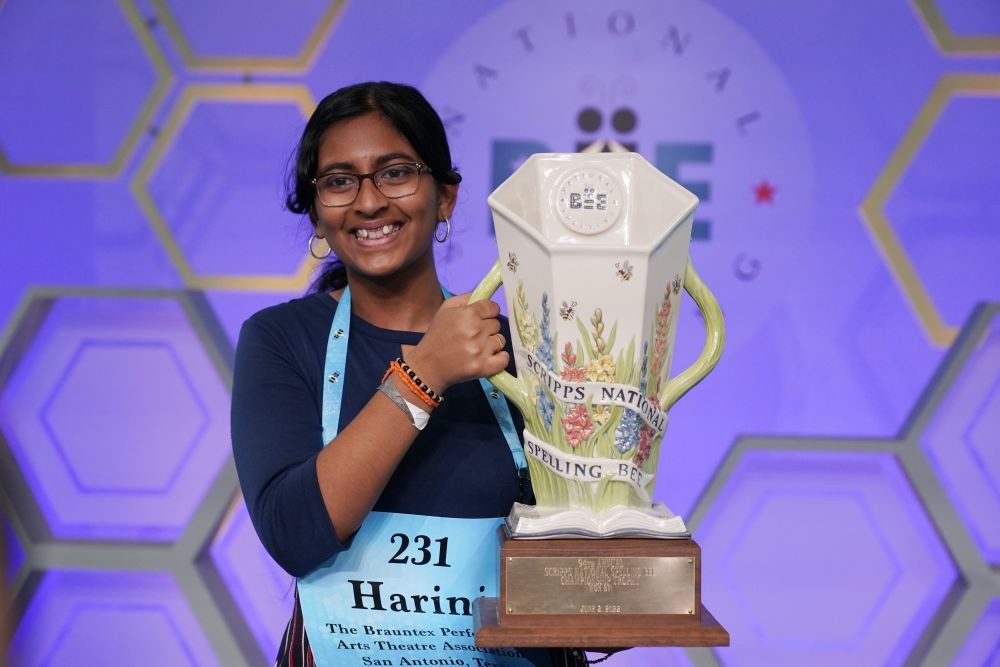 Harini Logan, 14, from San Antonio, Texas, holds her winning Scripps National Spelling Bee trophy, Thursday, June 2, 2022, in Oxon Hill, Md. AP/PTI