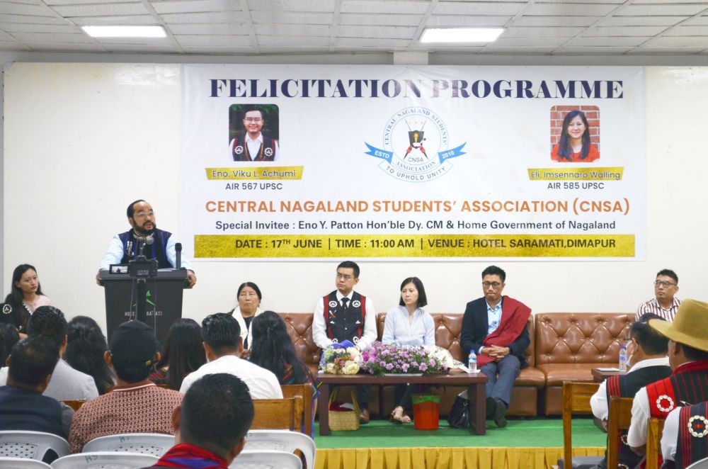 Deputy Chief Minister, Y Patton speaking during the felicitation of Viku L Achumi and Imsennaro Walling, the two successful UPSC candidates from Nagaland. (Morung Photo)