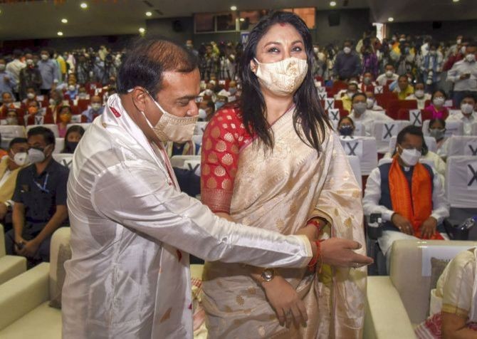 Assam CM Himanta Biswa Sarma with wife Riniki Sarma. Photograph: PTI Photo