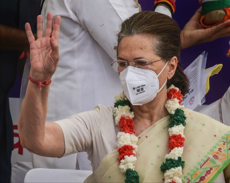 Congress President Sonia Gandhi during the concluding programme of the party's Azadi Gaurav Yatra, at Rajghat in New Delhi on June 1. (PTI Photo)