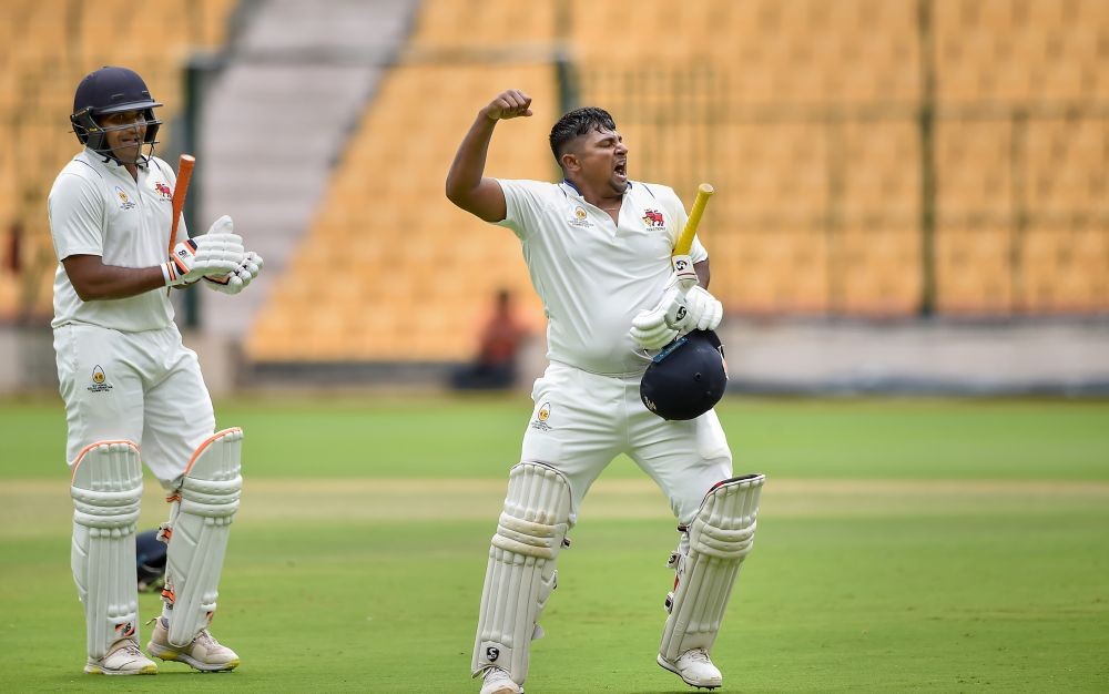 Bengaluru: Mumbai's Sarfaraz Khan celebrates after scoring his century during the second day of the Ranji trophy final cricket match between Mumbai and Madhya Pradesh at M Chinnaswamy Stadium, in Bengaluru, Thursday, June 23, 2022. (PTI Photo/Shailendra Bhojak)