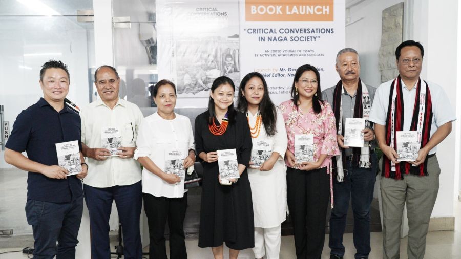 Guest of honour, Geoffrey Yaden (right), Chief Editor, Nagaland Post along with the guests and editors during the book launch at Tetso College, City Campus, Notun Bosti, Dimapur on June 11. (Morung Photo)