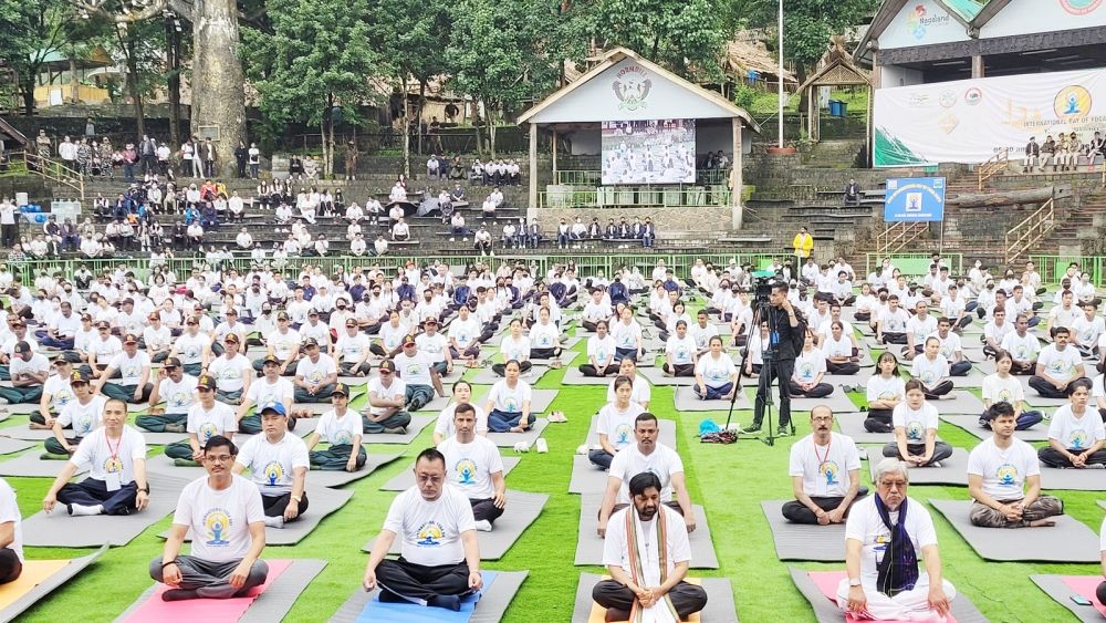 Union Minister Kaushal Kishore, Minister S Pangnyu Phom, Advisor Dr Neikiesalie Kire and others at International Day of Yoga 2022 at Kisama on June 21. (Morung Photo)