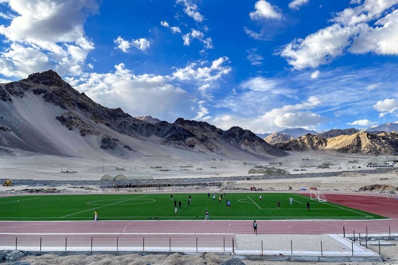 Sportspersons at the union territory's first open synthetic track and football turf at 11,000 ft under the Khelo India Programme, in Ladakh on June 15, 2022. (PTI Photo)