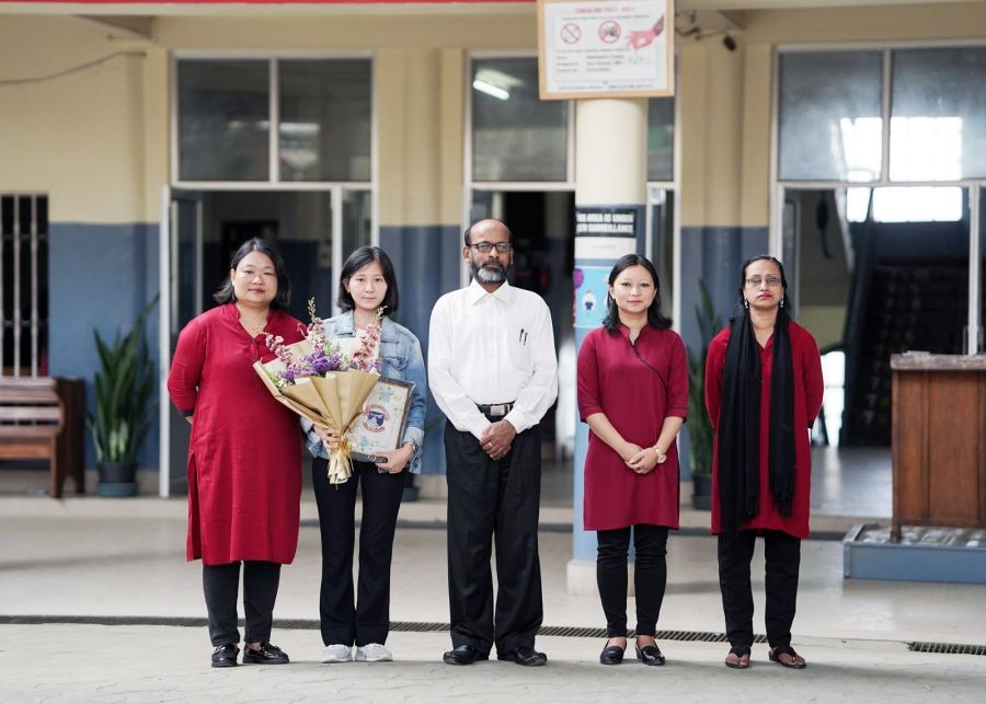 Imsennaro Walling, an alumna of Jubilee Memorial School, Mokokchung (Class X batch of 2013), was felicitated by the school for clearing the UPSC Civil Services Examination 2021, securing an All India Ranking of 585 on June 20 at the school premises. The school greatly appreciated the epitome of her simplicity and hard work since childhood and wished her the best for her future endeavours. Seen in the picture are (L-R) Wapangnaro Pongen, Vice-Principal, JMS; Imsennaro Walling, S.K. Maiti, Principal, JMS; Wadangrenla, Asst. teacher; and Madhobi, Asst. teacher.