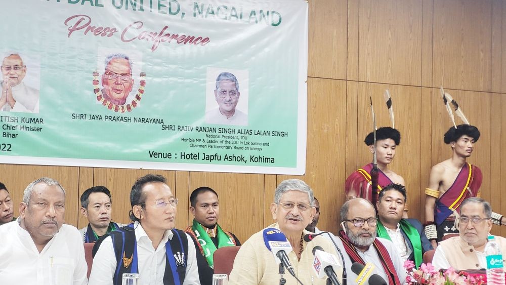 Janata Dal (United) National President, Rajiv Ranjan Lalan Singh and others address the press in Kohima on June 30. (Morung Photo)