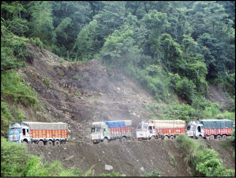 Stranded trucks on NH-29 on July 4. (Morung Photo)