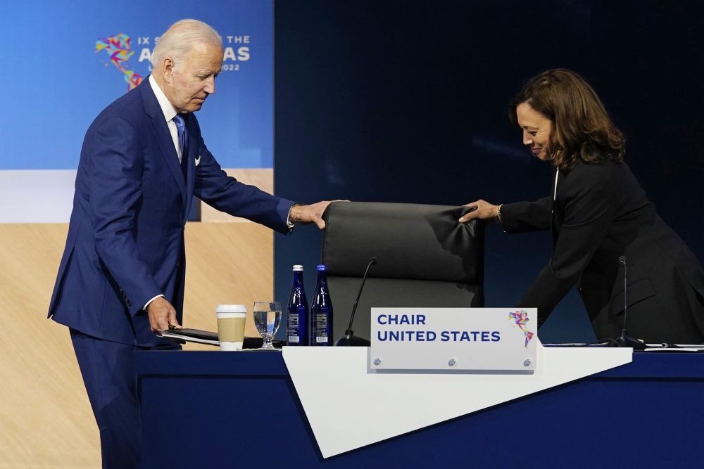President Joe Biden sits beside Vice President Kamala Harris after speaking during the opening plenary session of the Summit of the Americas, Thursday, June 9, 2022, in Los Angeles. AP/PTI(