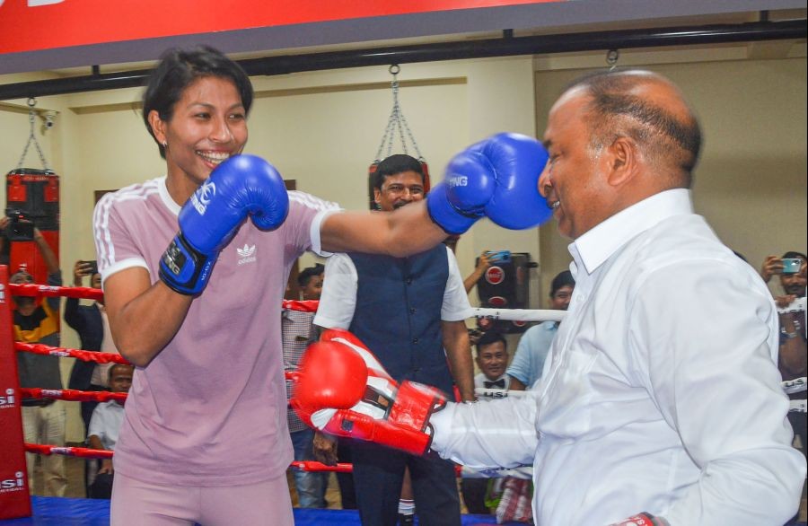 Guwahati: Olympic medal winner boxer Lovlina Borgohain with Devajit Saikia, Secretary of Assam Cricket Association during inauguration of a programme at GTC Boxing Centre, in Guwahati, Friday, June 17, 2022. (PTI Photo)