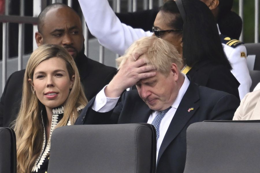 FILE - Britain's Prime Minister Boris Johnson and his wife Carrie, are seated during the Platinum Jubilee Pageant, in London, Sunday June 5, 2022, on the last of four days of celebrations to mark the Platinum Jubilee. Britain's governing Conservatives will hold a no-confidence vote in Prime Minister Boris Johnson on Monday, June 6, 2022 that could oust him as Britain's leader. AP/PTI