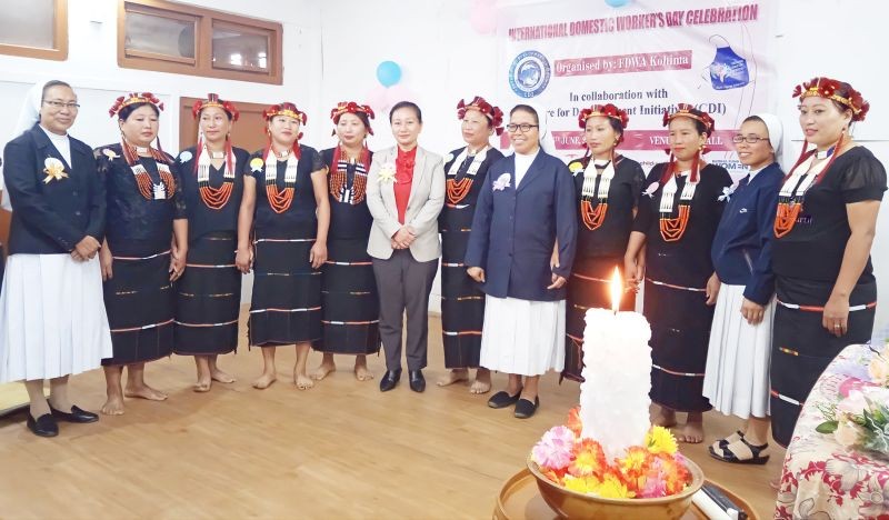 Juliana Medom, Sr Theresa Langhu, Sr Agnes Khala and Sr Mariam with Hesheni culture troupe at SFS parish hall in Kohima on June 16.