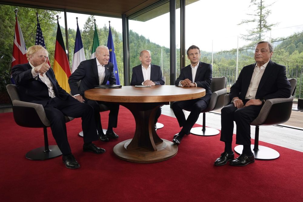 G7 leaders from left, British Prime Minister Boris Johnson, U.S. President Joe Biden, German Chancellor Olaf Scholz, French President Emmanuel Macron and Italy's Prime Minister Mario Draghi meet on the sidelines of the G7 summit at Castle Elmau in Kruen, near Garmisch-Partenkirchen, Germany, on Tuesday, June 28, 2022. The Group of Seven leading economic powers are meeting in Germany for their annual gathering Sunday through Tuesday. AP/PTI(