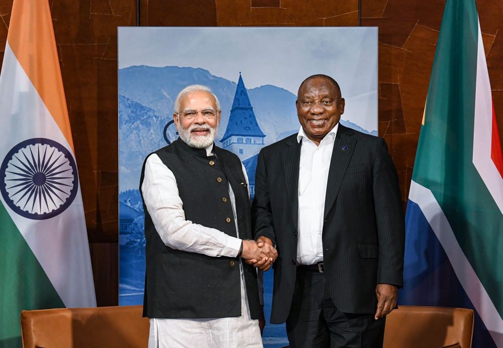 **EDS: TWITTER IMAGE POSTED BY @PMOIndia ON MONDAY, JUNE 27, 2022** Germany: Prime Minister Narendra Modi meets President of South Africa Cyril Ramaphosa, in Germany. (PTI Photo)