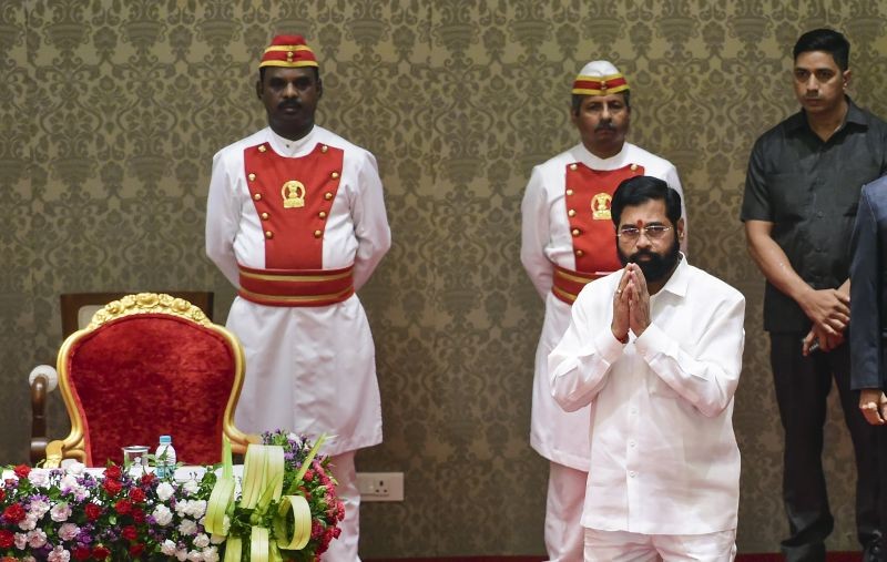 Shiv Sena leader Eknath Shinde during his oath-taking ceremony as Maharashtra Chief Minister, at Raj Bhavan in Mumbai on June 30. (PTI Photo)