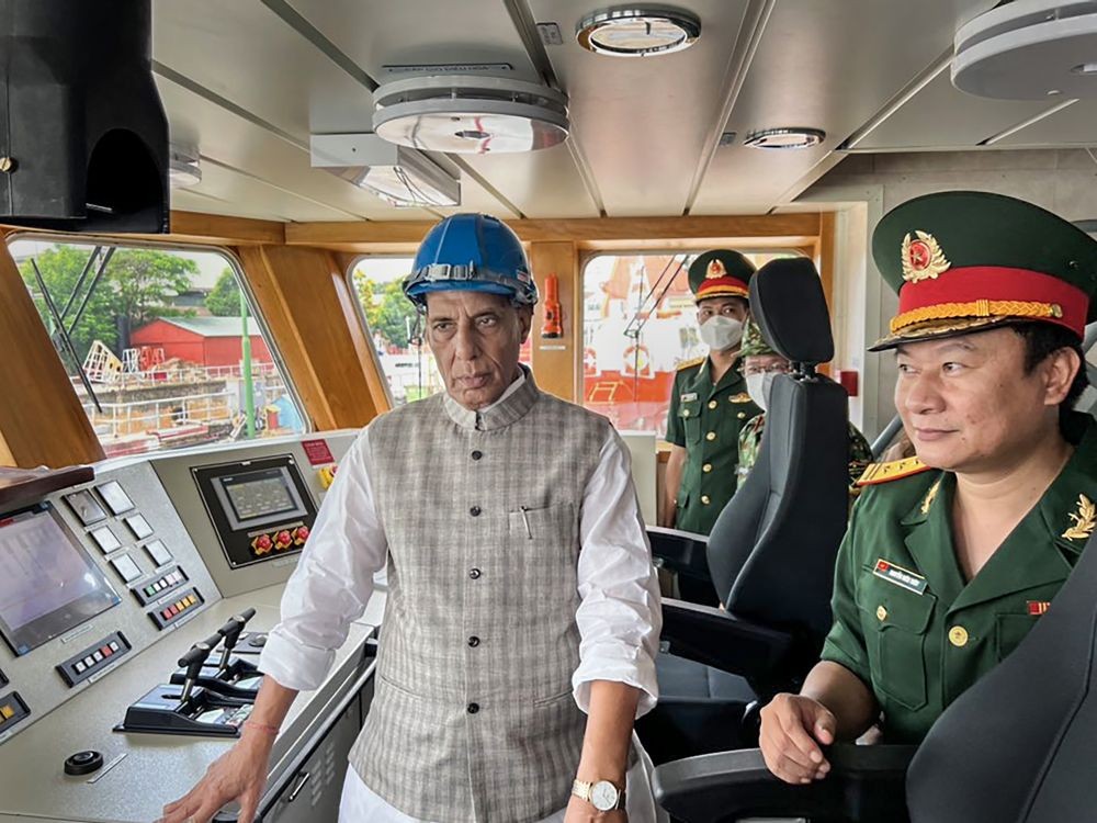 **EDS: TWITTER IMAGE POSTED BY @rajnathsingh ON THURSDAY, JUNE 9, 2022** Hai Phong: Defence Minister Rajnath Singh during a ceremony to hand over 12 High Speed Guard Boats, constructed under India's $US 1oo million Defence Line of Credit, to Vietnam, at Hong Ha Shipyard, in Hai Phong, Vietnam. Five boats were manufactured at the L&T Shipyard in India and seven at the Hong Ha Shipyard in Vietnam. (PTI Photo)