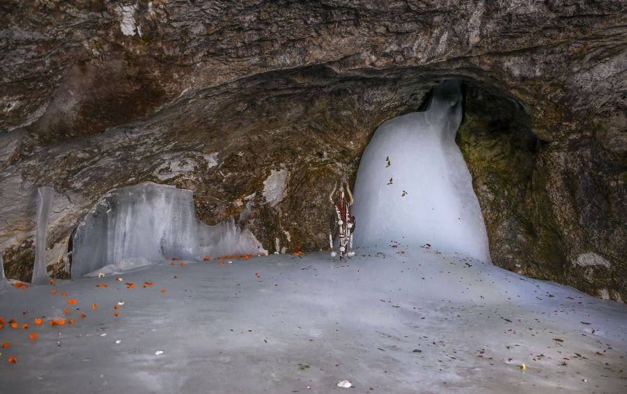 Anantnag: Holy cave shrine of Amarnath during 'Pratham Pooja' in Anantnag district, Tuesday, June 14, 2022. (PTI Photo/Atul Yadav)(