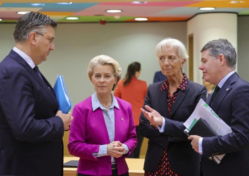 From left, Croatia's Prime Minister Andrej Plenkovic, European Commission President Ursula von der Leyen, European Central Bank President Christine Lagarde and Ireland's Finance Minister Paschal Donohoe during a round table meeting at an EU summit in Brussels, Friday, June 24, 2022. EU leaders were set to discuss economic topics at their summit in Brussels Friday amid inflation, high energy prices and a cost of living crisis. (AP Photo)