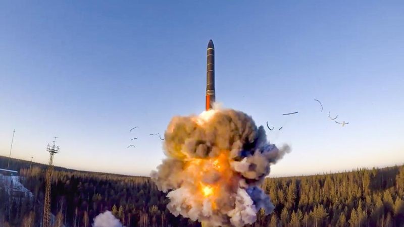 In this file photo taken from a video distributed by Russian Defense Ministry Press Service, on December 9, 2020, a rocket launches from missile system as part of a ground-based intercontinental ballistic missile test launched from the Plesetsk facility in northwestern Russia. A Swedish arms watchdog says the world’s stockpiles of nuclear weapons are expected to increase in coming years after declining since the end of the Cold War. (AP File Photo)