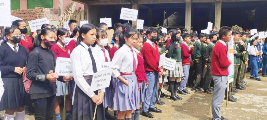Students participating in the awareness rally on women empowerment to commemorate the 250th birth anniversary of Raja Ram Mohan Roy in Phek on June 22.