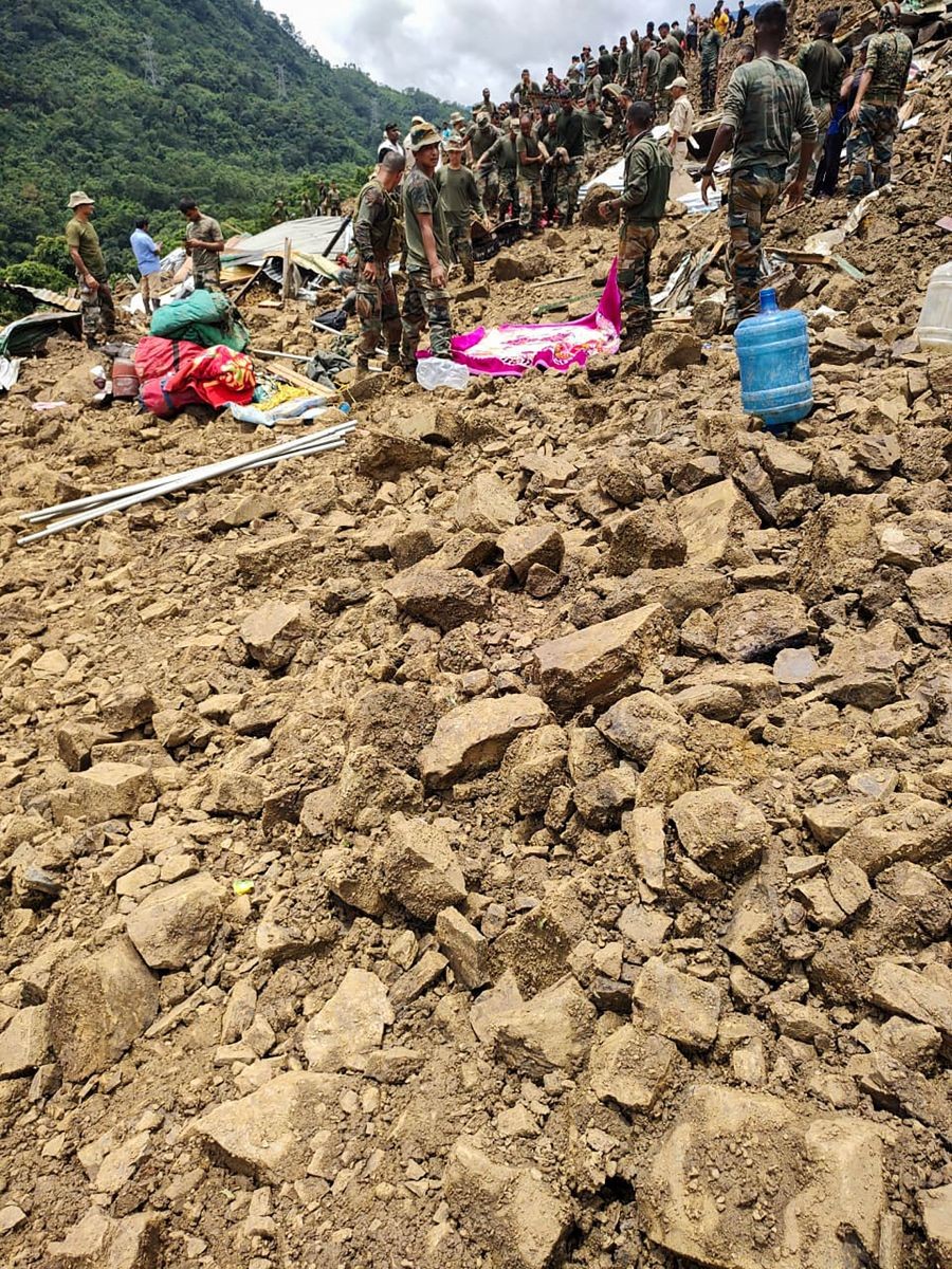Noney: Rescue operations underway after a massive landslide hit the Tupul railway construction camp in Noney district of Manipur, Thursday, June 30, 2022. (PTI Photo)